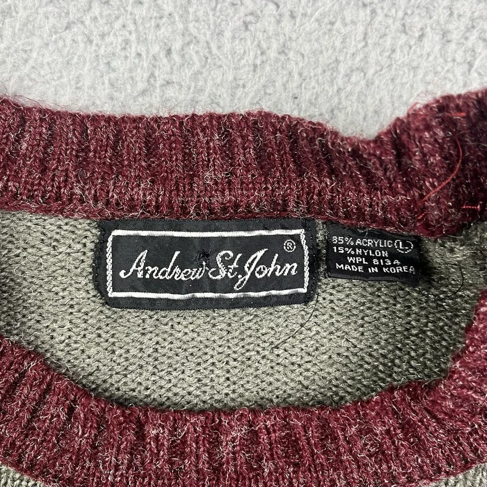 Vintage Andrew‎ St John Sweater Grey Red Patterned Acrylic Crewneck 90s Large